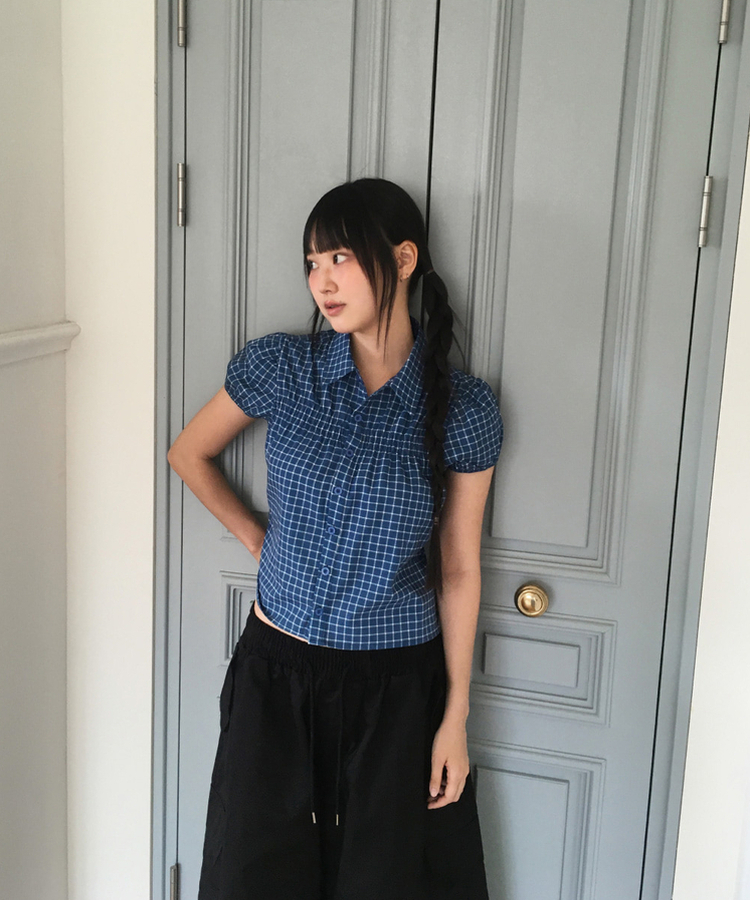 チェックシャーリング半袖ブラウス CHECK