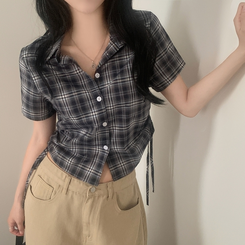 シャツ チェックストリングスリム半袖シャツ BLACK