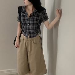 シャツ チェックストリングスリム半袖シャツ BLACK