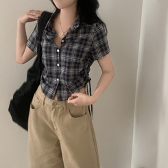 シャツ チェックストリングスリム半袖シャツ BLACK