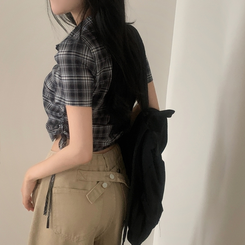 シャツ チェックストリングスリム半袖シャツ BLACK