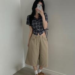 シャツ チェックストリングスリム半袖シャツ BLACK