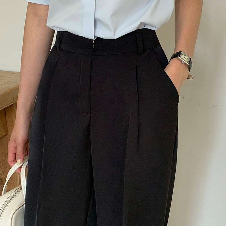 （3丈展開／リンクルフリー／夏用スラックス）デンジア ストレッチ ハイウエスト バックゴム タック入りスラックス BLACK