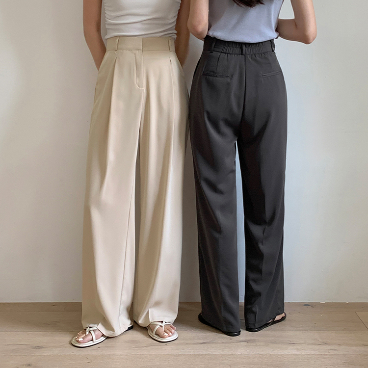 （3丈展開／リンクルフリー／夏用スラックス）デンジア ストレッチ ハイウエスト バックゴム タック入りスラックス BEIGE