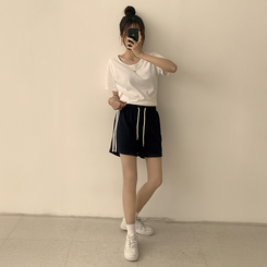 ショートパンツ バイカラーバンディングワイドバミューダパンツ(10color) NAVY(WINTER)