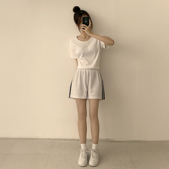 ショートパンツ バイカラーバンディングワイドバミューダパンツ(10color) MELANGE WHITE