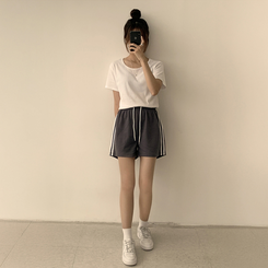 ショートパンツ バイカラーバンディングワイドバミューダパンツ(10color) CHARCOAL