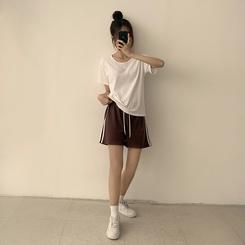 ショートパンツ バイカラーバンディングワイドバミューダパンツ(10color) BROWN