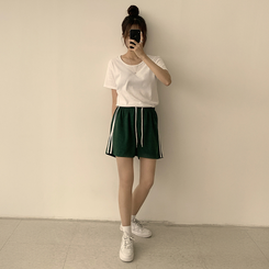ショートパンツ バイカラーバンディングワイドバミューダパンツ(10color) DEEP GREEN