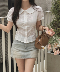 ラウンドボタンシャーリング半袖ブラウス WHITE