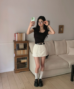 ミニスカート 【ベルト付き】ダブルリングミニスカートパンツ IVORY