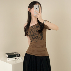 半袖Tシャツ シャーリングワンオフクロップ半袖Tシャツ BROWN