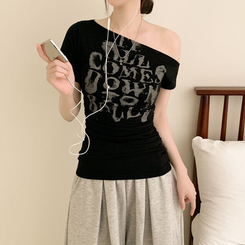 半袖Tシャツ シャーリングワンオフクロップ半袖Tシャツ BLACK