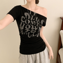 半袖Tシャツ シャーリングワンオフクロップ半袖Tシャツ BLACK