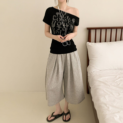 半袖Tシャツ シャーリングワンオフクロップ半袖Tシャツ BLACK