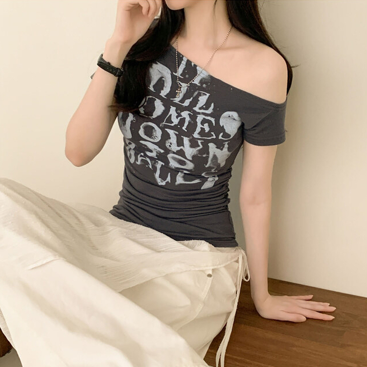 シャーリングワンオフクロップ半袖Tシャツ CHARCOAL