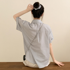 シャツ 【シュシュ付き】ストライプロールアップ半袖シャツ SKY BLUE