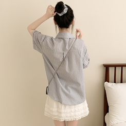 シャツ 【シュシュ付き】ストライプロールアップ半袖シャツ SKY BLUE