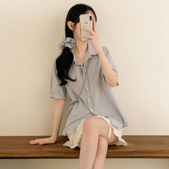 シャツ 【シュシュ付き】ストライプロールアップ半袖シャツ SKY BLUE