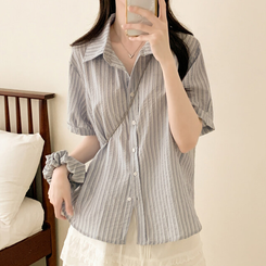 シャツ 【シュシュ付き】ストライプロールアップ半袖シャツ SKY BLUE