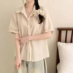 シャツ 【シュシュ付き】ストライプロールアップ半袖シャツ BEIGE