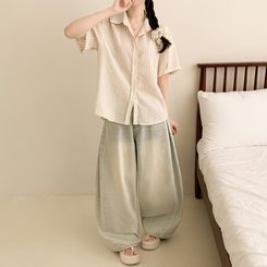 シャツ 【シュシュ付き】ストライプロールアップ半袖シャツ BEIGE