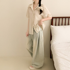 シャツ 【シュシュ付き】ストライプロールアップ半袖シャツ BEIGE
