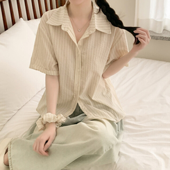 シャツ 【シュシュ付き】ストライプロールアップ半袖シャツ BEIGE