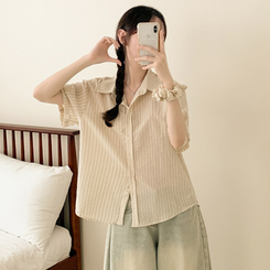 シャツ 【シュシュ付き】ストライプロールアップ半袖シャツ BEIGE