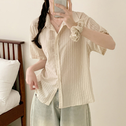 シャツ 【シュシュ付き】ストライプロールアップ半袖シャツ BEIGE