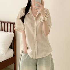 シャツ 【シュシュ付き】ストライプロールアップ半袖シャツ BEIGE