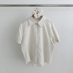 シャツ 【シュシュ付き】ストライプロールアップ半袖シャツ