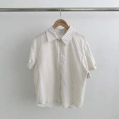 シャツ 【シュシュ付き】ストライプロールアップ半袖シャツ