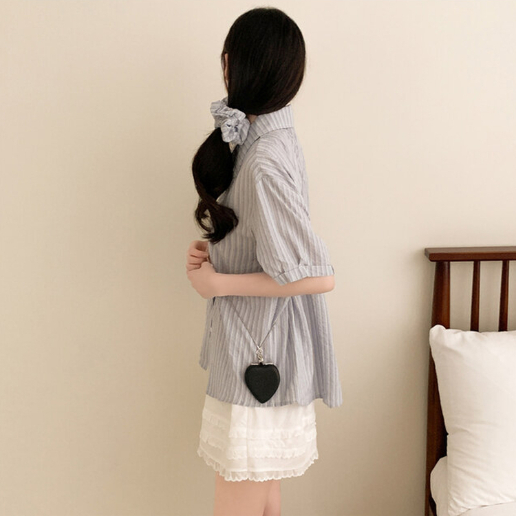 【シュシュ付き】ストライプロールアップ半袖シャツ SKY BLUE