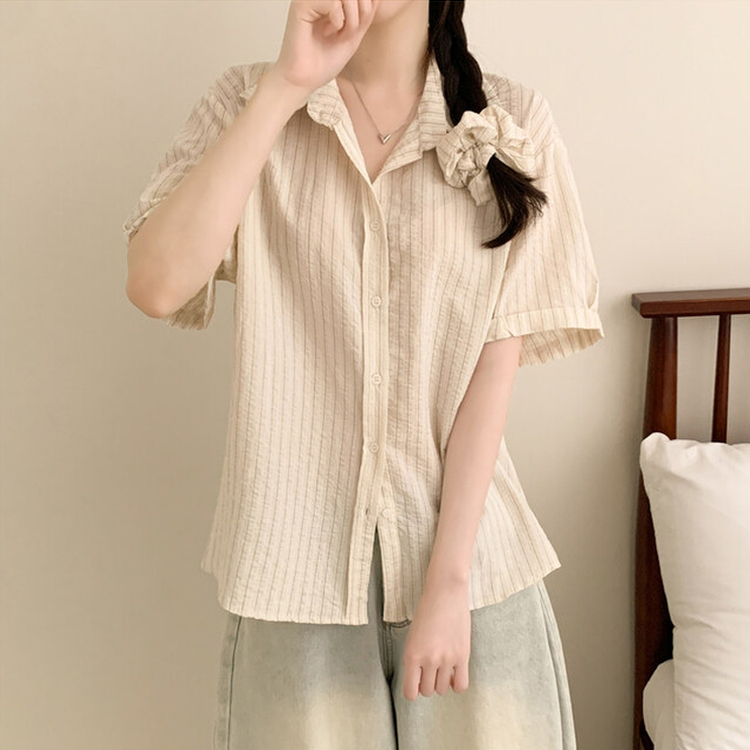 【シュシュ付き】ストライプロールアップ半袖シャツ BEIGE