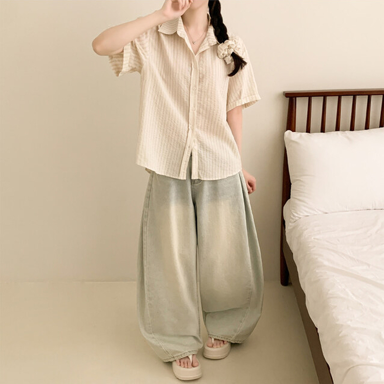 【シュシュ付き】ストライプロールアップ半袖シャツ BEIGE