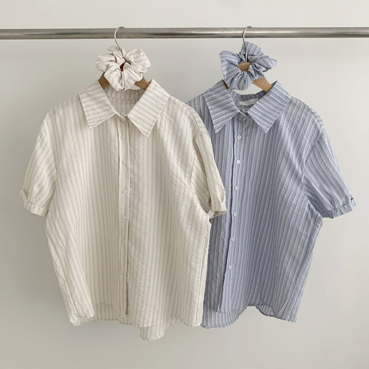 【シュシュ付き】ストライプロールアップ半袖シャツ
