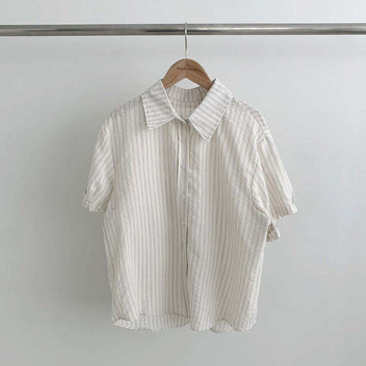 【シュシュ付き】ストライプロールアップ半袖シャツ