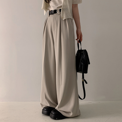 スラックス 【ベルト付き】ツーピンタックワイドスラックス BEIGE