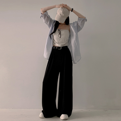 スラックス 【ベルト付き】ツーピンタックワイドスラックス BLACK
