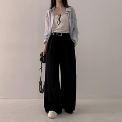 スラックス 【ベルト付き】ツーピンタックワイドスラックス BLACK