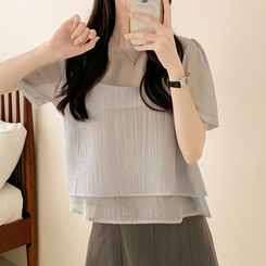 ベスト 【SET】シフォンビスチェ 半袖ブラウス(5color) SKY BLUE