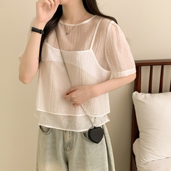 ベスト 【SET】シフォンビスチェ 半袖ブラウス(5color) IVORY