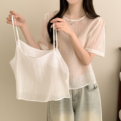 ベスト 【SET】シフォンビスチェ 半袖ブラウス(5color) IVORY