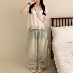 ベスト 【SET】シフォンビスチェ 半袖ブラウス(5color) IVORY