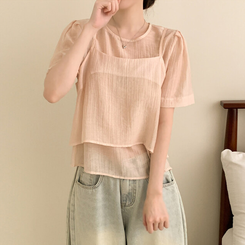 ベスト 【SET】シフォンビスチェ 半袖ブラウス(5color) PINK
