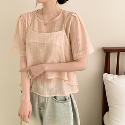 ベスト 【SET】シフォンビスチェ 半袖ブラウス(5color) PINK