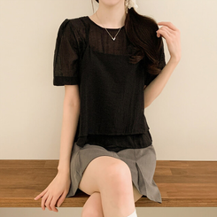 ベスト 【SET】シフォンビスチェ 半袖ブラウス(5color) BLACK