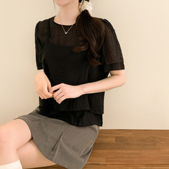 ベスト 【SET】シフォンビスチェ 半袖ブラウス(5color) BLACK