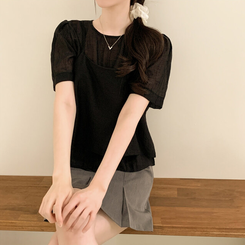 ベスト 【SET】シフォンビスチェ 半袖ブラウス(5color) BLACK